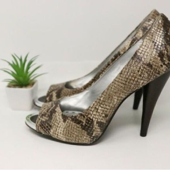 Gianni Bini Animal Print Snake Peep Toe Leather Pumps